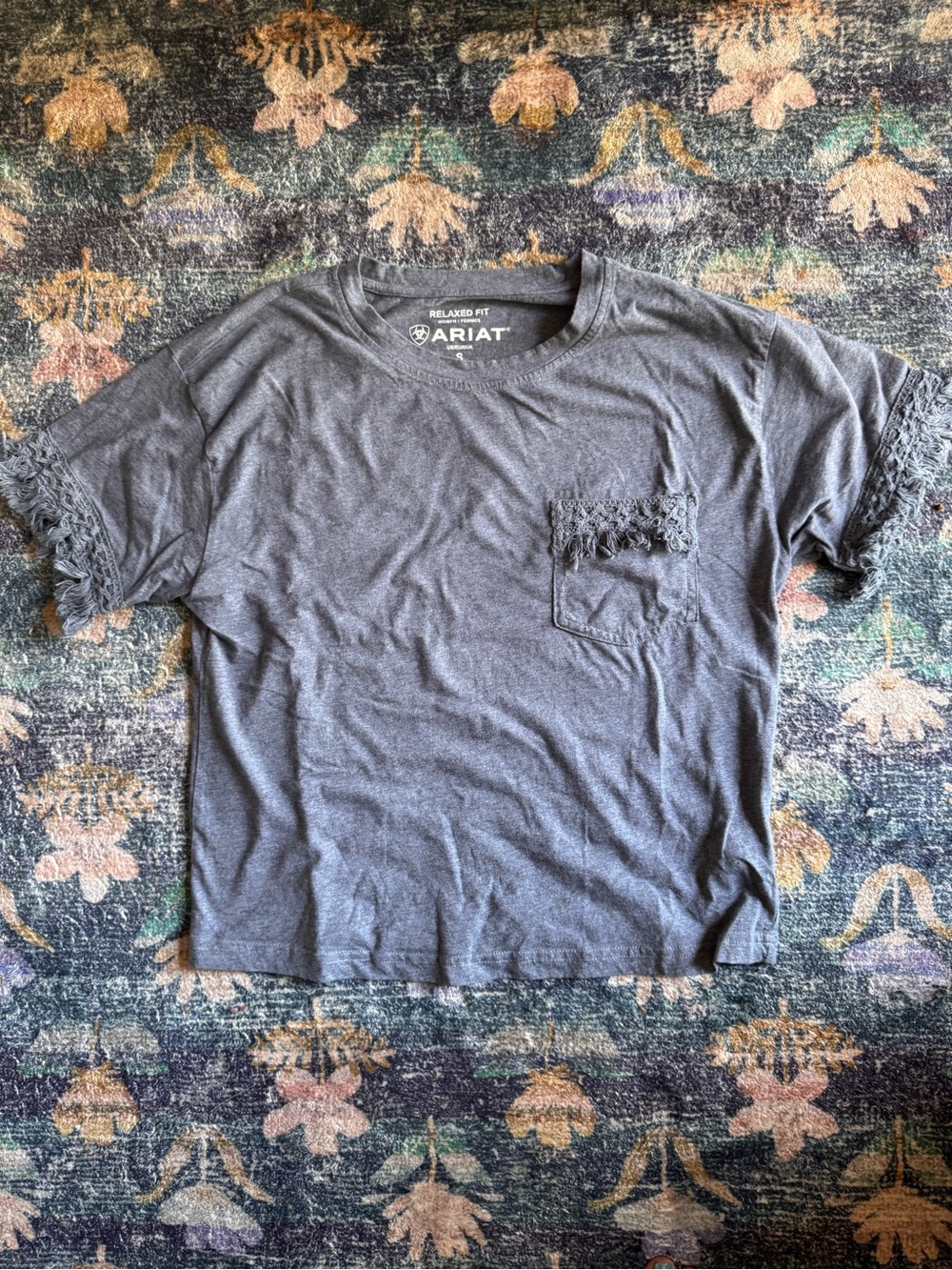 Ariat Women's Relaxed Fit Gray Blue Short Sleeve Tee with Fringe Pocket